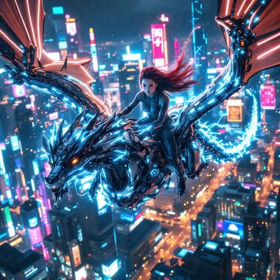 The primary subject of the image is a woman riding a dragon. The setting is a city at night, with bright lights illuminating the scene. The visual style is a digital art or illustration, creating a fantastical and magical atmosphere. The colors are predominantly blue and purple, giving the image a futuristic and enchanting mood.